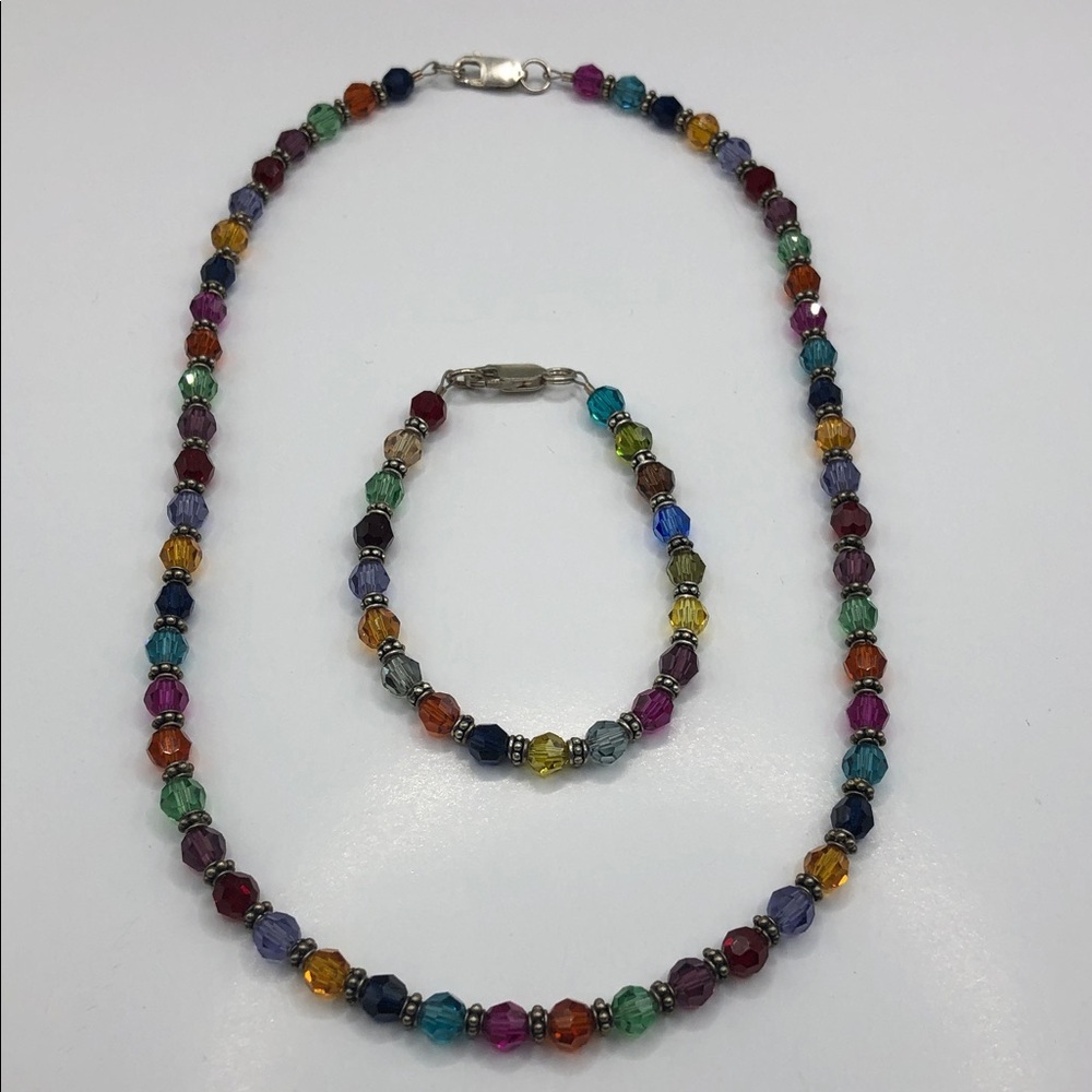 Vintage colorful sparkling sterling silver jewelry set necklace & bracelet boho.